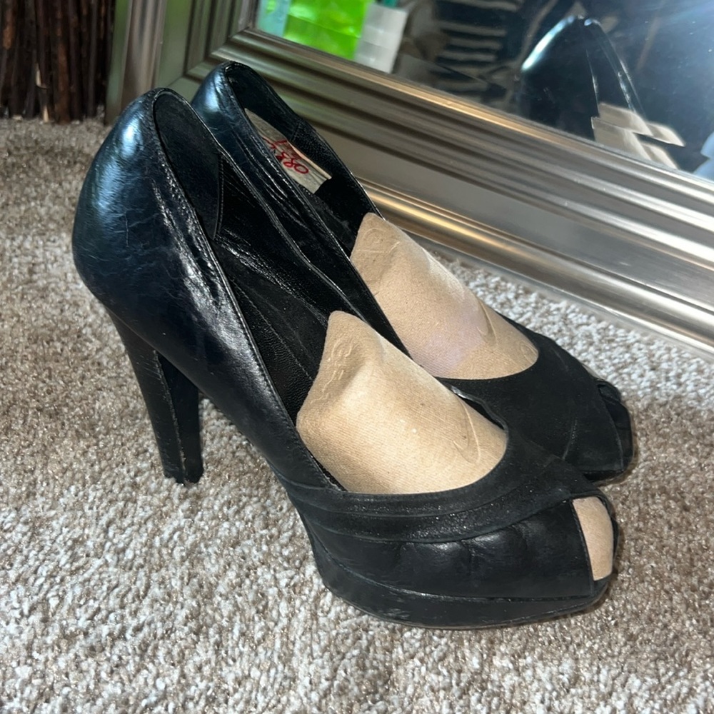 Dana Davis high heel open toe pumps women’s black leather platform shoes 8.5